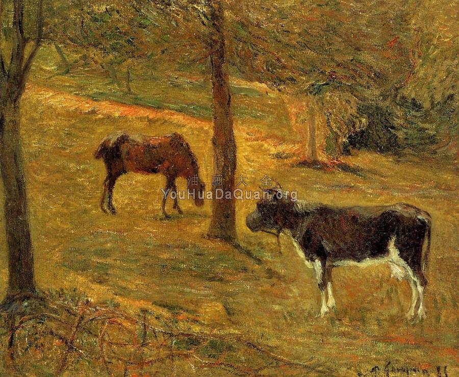 Horse and Cow in a Field - 保罗·高更